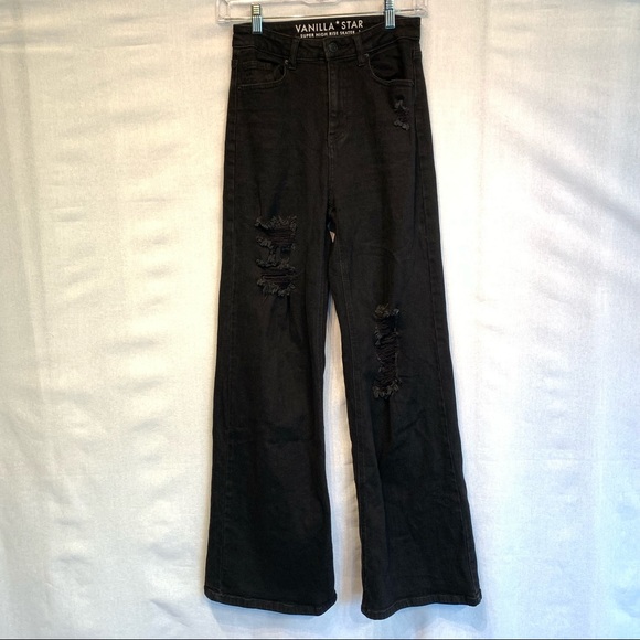 Vanilla Star Hilary Wide leg distressed Black Jeans Size 1 High Rise Flared - Picture 2 of 11